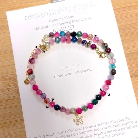 Essential Ritual Genuine Stone 18k Gold Plated Sterling Silver Charm Anklet - Picture 8 of 15